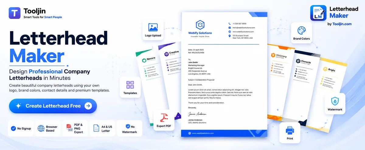 Tooljin Letterhead Maker — design a professional company letterhead with your own logo, brand colours and contact details, choose from nine premium templates and export a print-ready PDF or PNG, free and with no signup
