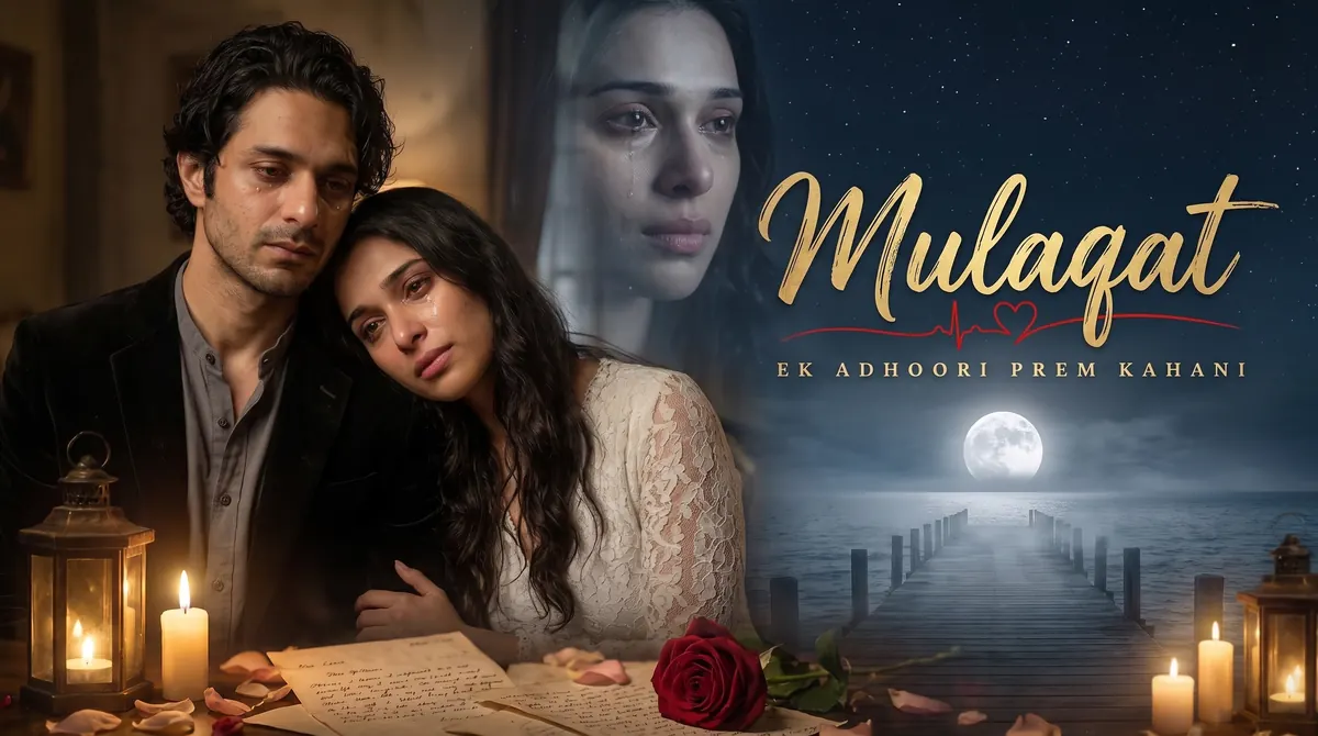 Cinematic Poster thumbnail made from a Hindi ghazal music video, with the title Mulaqat in gold calligraphy